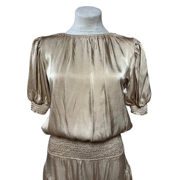 Muche Muchette Champagne Satin Mini Dress Puff Sleeve Ruffles One Size - Picture 3 of 9